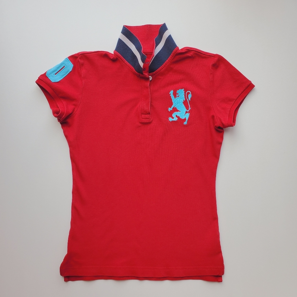 Giordano Red Polo Navy & White Stripe Collar